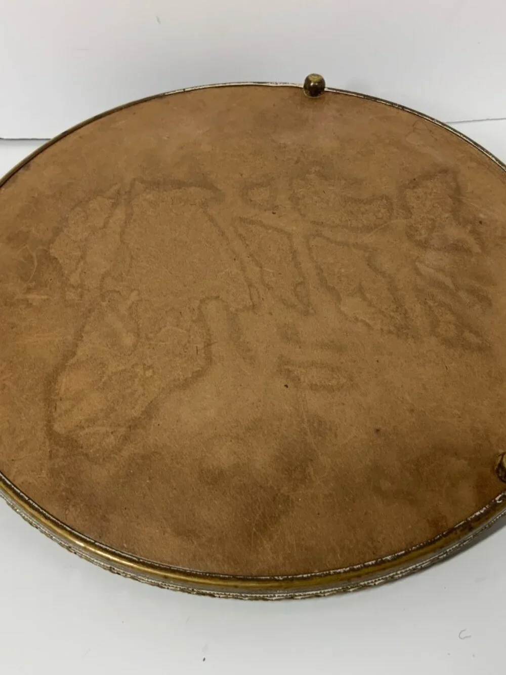 Vintage Round Beveled Mirror Vanity Tray Gold Fleur De Lis 3 Foot 12